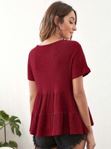 SHEIN LUNE Dệt kim Waffle Xù Hoa Sen Áo thun - Màu Đỏ Sâu - Xem 2