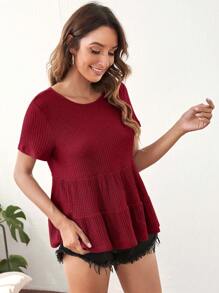 SHEIN LUNE Dệt kim Waffle Xù Hoa Sen Áo thun - Màu Đỏ Sâu - Xem 4