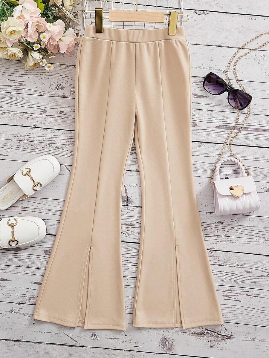 SHEIN Leap Crew Quần ống loe xẻ gấu màu trơn đơn giản cho bé gái tuổi mới lớn - Màu be - Xem 1