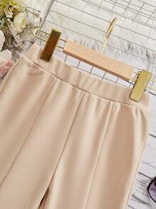 SHEIN Leap Crew Quần ống loe xẻ gấu màu trơn đơn giản cho bé gái tuổi mới lớn - Màu be - Xem 3