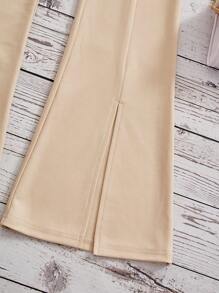 SHEIN Leap Crew Quần ống loe xẻ gấu màu trơn đơn giản cho bé gái tuổi mới lớn - Màu be - Xem 4