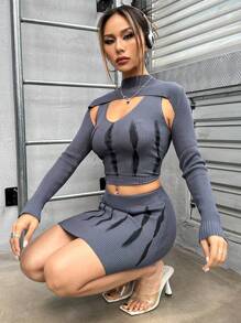 SHEIN Unity Super Crop Jumper & Graphic Pattern Knit Top & Knit Skirt - Grey - View 3