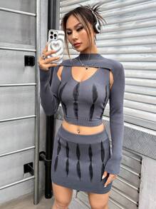 SHEIN Unity Super Crop Jumper & Graphic Pattern Knit Top & Knit Skirt - Grey - View 6