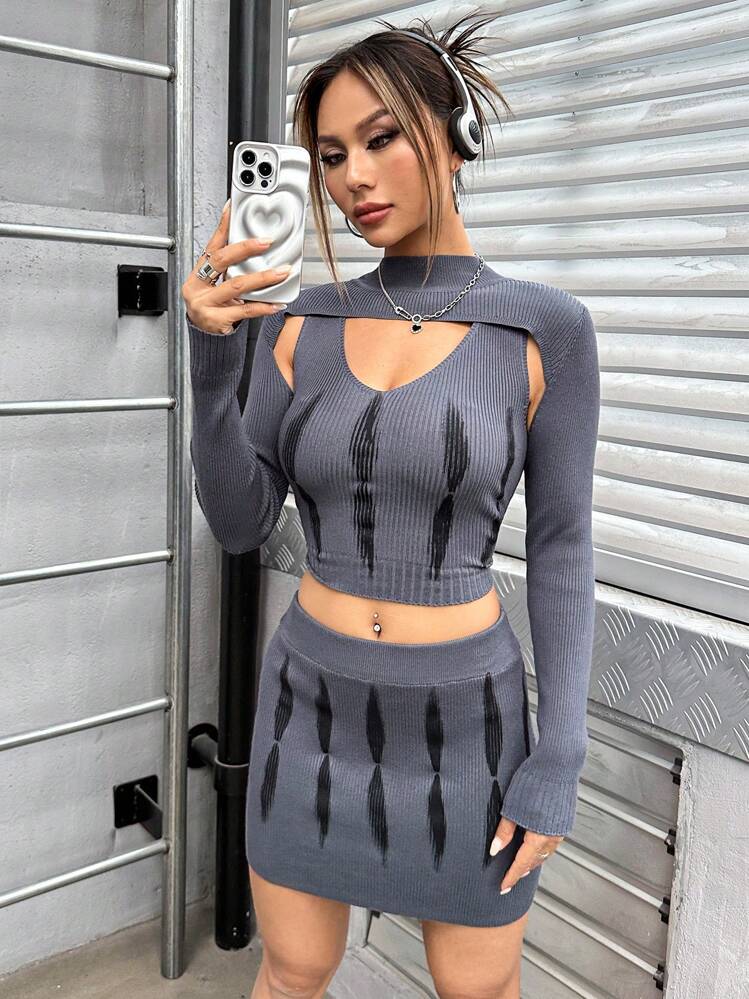 SHEIN Unity Super Crop Sweater & Graphic Pattern Knit Top & Knit Skirt Fall Cloth For Women - Grey - View 6