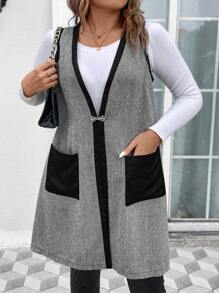 Calvaya 大碼雙口袋拼接邊外套馬甲 - 灰色 - 查看 4