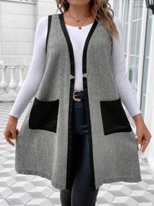 Calvaya 大碼雙口袋拼接邊外套馬甲 - 灰色 - 查看 1