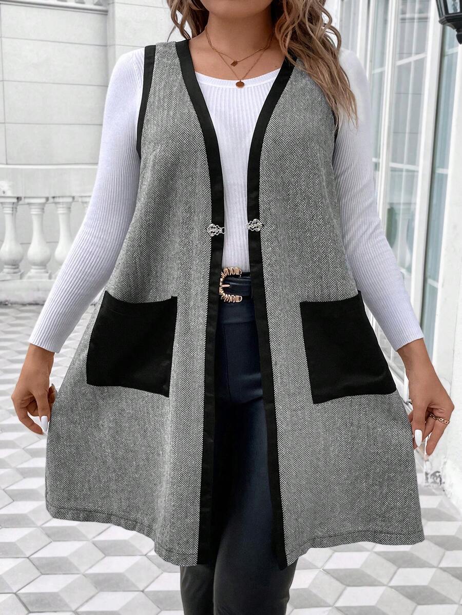 Calvaya 大碼雙口袋拼接邊外套馬甲 - 灰色 - 查看 1