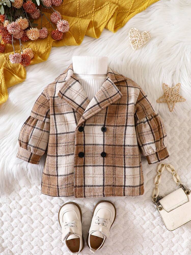 Baby Girl Plaid Double Breasted Lapel Neck Coat Without Sweater