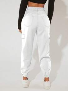 SHEIN PETITE Flap Pocket Side Jeans - White - View 2