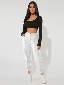 SHEIN PETITE Flap Pocket Side Jeans - White - View 4