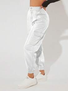 SHEIN PETITE Flap Pocket Side Jeans - White - View 5