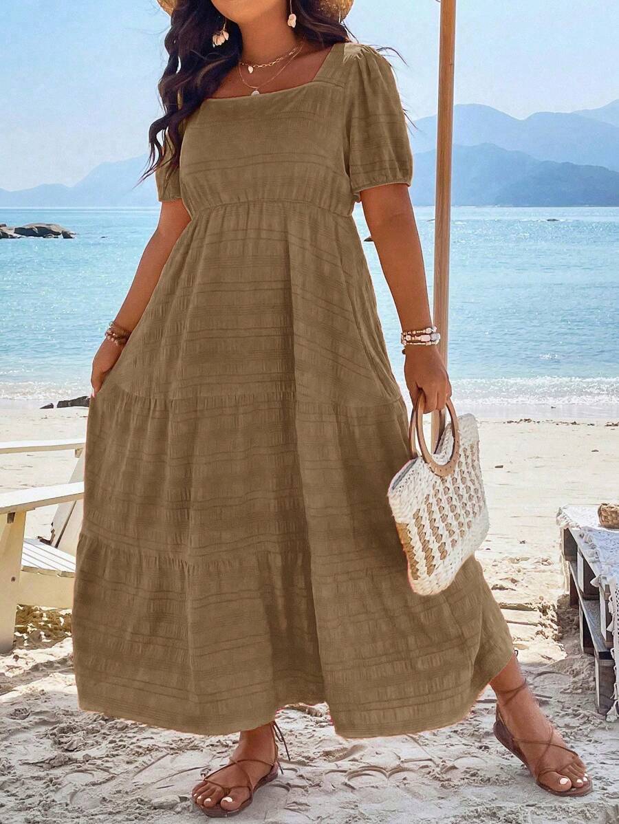 SHEIN Holidaya Talla grande Vestido de cuello cuadrado de manga farol bajo con fruncido - Marrón - Ver 1