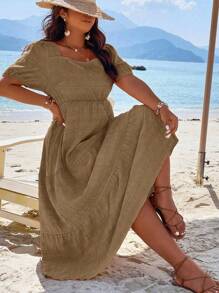 SHEIN Holidaya Talla grande Vestido de cuello cuadrado de manga farol bajo con fruncido - Marrón - Ver 6