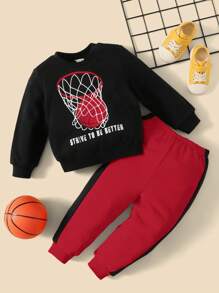 SHEIN Bebé niño baloncesto & con estampado de slogan Pullover & con costura lateral en contraste Pantalones deportivos - Multicolor - Ver 1