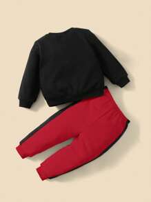 SHEIN Bebé niño baloncesto & con estampado de slogan Pullover & con costura lateral en contraste Pantalones deportivos - Multicolor - Ver 2