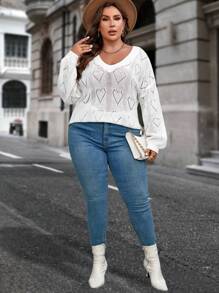 SHEIN Clasi 大碼網眼針織落肩袖套頭毛衣 - 白色 - 查看 4