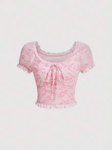 SHEIN MOD Floral Print Lace Trim Knot Front Crop Tee - Baby Pink - View 1