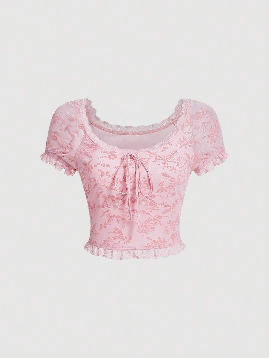 SHEIN MOD Floral Print Lace Trim Knot Front Crop Tee - Baby Pink - View 1