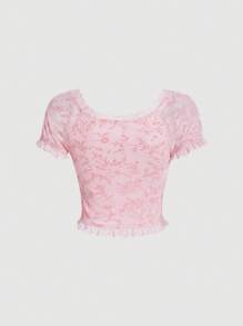 SHEIN MOD Floral Print Lace Trim Knot Front Crop Tee - Baby Pink - View 2