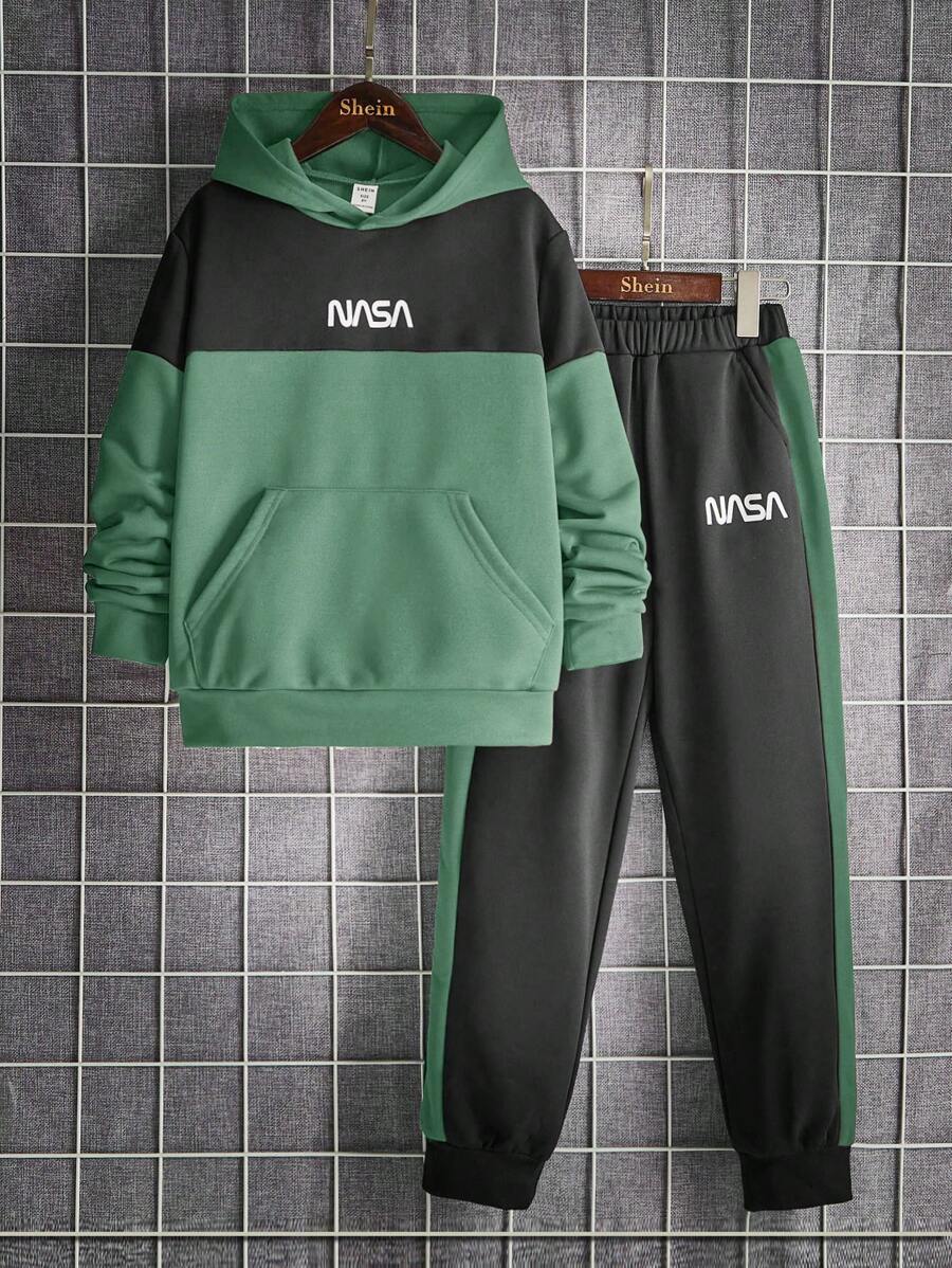 SHEIN Cậu bé Tween Đồ họa Chữ cái Hai âm Áo Hoodie & Quần thể thao - màu xanh lá - Xem 1