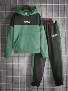 SHEIN Cậu bé Tween Đồ họa Chữ cái Hai âm Áo Hoodie & Quần thể thao - màu xanh lá - Xem 3