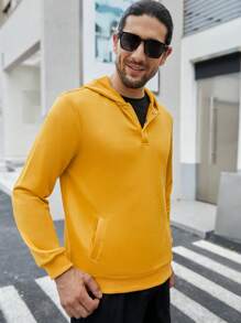 Manfinity Hypemode 男士素色按扣斜口袋連帽衫 - 黃色 - 查看 2