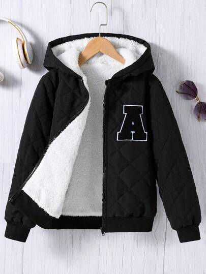SHEIN Tween Boy 休闲连帽衬里羊羔绒夹克，冬季保暖