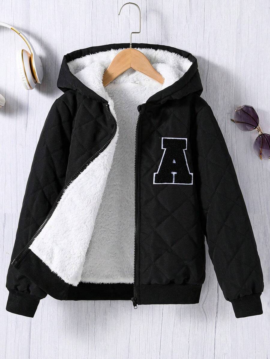 SHEIN Chaqueta con capucha forrada de sherpa informal para niño preadolescente, cálida para el invierno