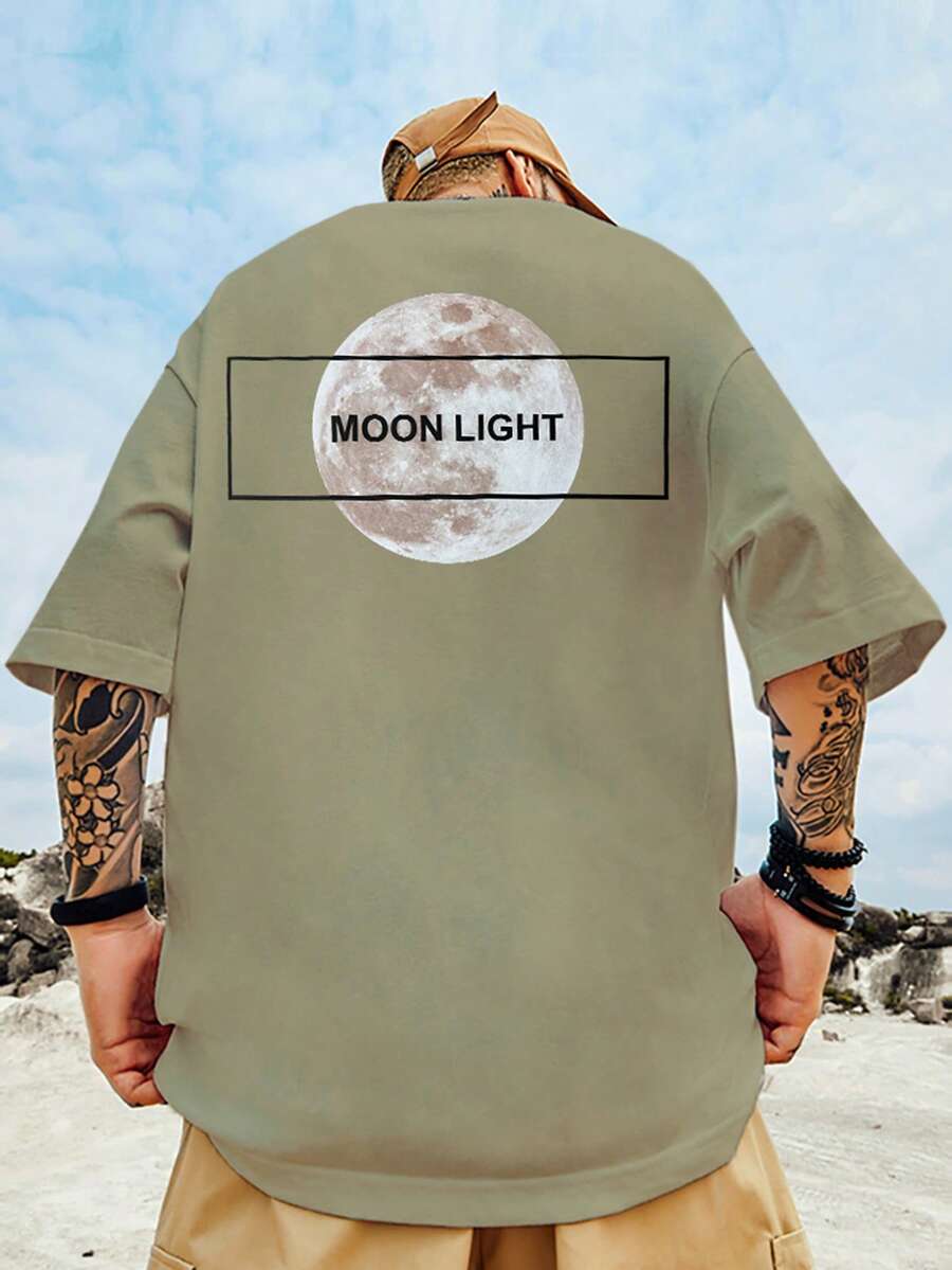 Manfinity Camiseta con estampado de luna y letra - Caqui - Ver 1