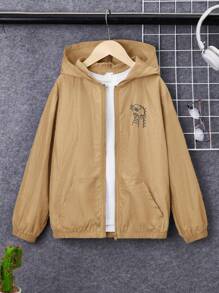 SHEIN 男大童恐龍印花拉鏈開襟連帽夾克 - 卡其色 - 查看 3