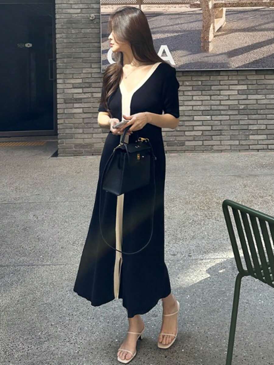 DAZY V Neck Split Hem Jumper Dress - Black - View 1