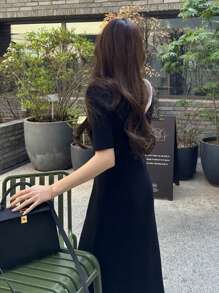 DAZY V Neck Split Hem Jumper Dress - Black - View 2