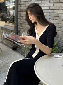 DAZY V Neck Split Hem Jumper Dress - Black - View 3