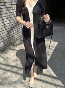 DAZY V Neck Split Hem Jumper Dress - Black - View 6