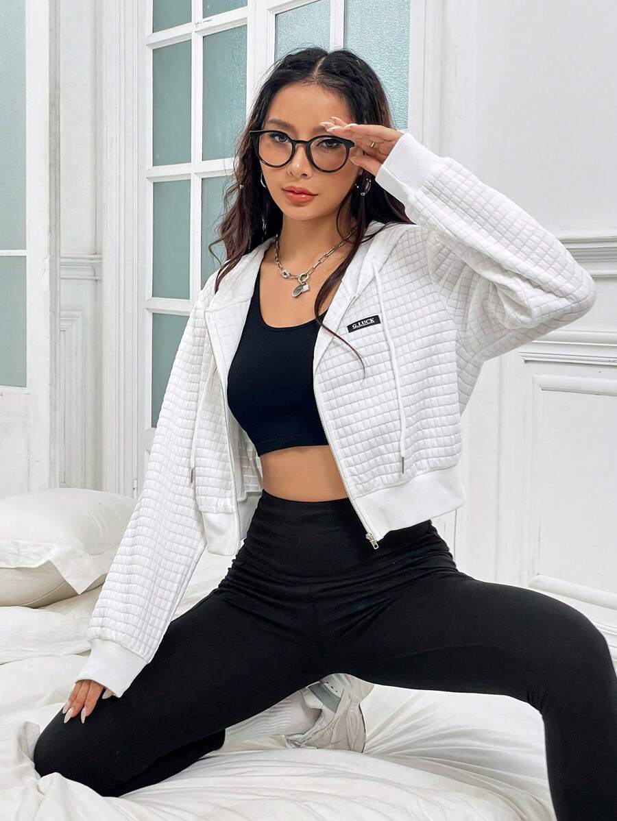 SHEIN Unity 字母補丁細節落肩袖抽繩拉鍊連帽衫 - 白色 - 查看 1