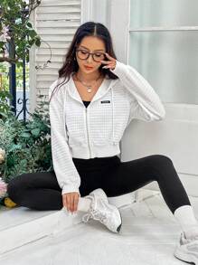 SHEIN Unity 字母補丁細節落肩袖抽繩拉鍊連帽衫 - 白色 - 查看 3