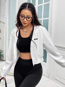 SHEIN Unity 字母補丁細節落肩袖抽繩拉鍊連帽衫 - 白色 - 查看 4