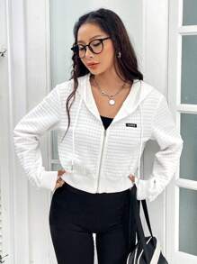 SHEIN Unity 字母補丁細節落肩袖抽繩拉鍊連帽衫 - 白色 - 查看 6