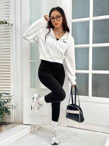 SHEIN Unity 字母補丁細節落肩袖抽繩拉鍊連帽衫 - 白色 - 查看 7