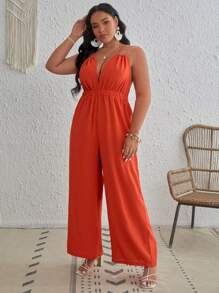 SHEIN Privé 大碼素色交叉露背吊帶連體褲 - 橘色 - 查看 2