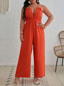 SHEIN Privé 大碼素色交叉露背吊帶連體褲 - 橘色 - 查看 4