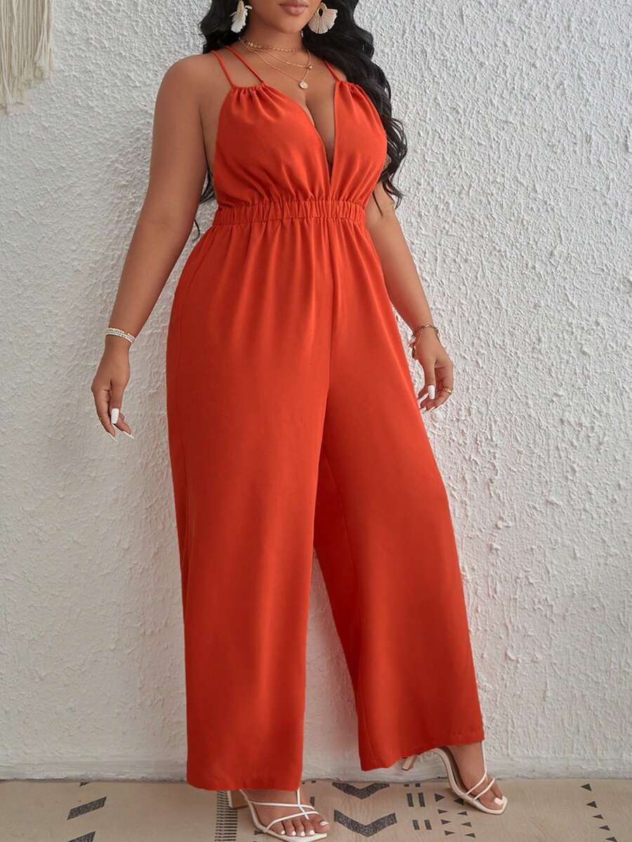 SHEIN Privé 大碼素色交叉露背吊帶連體褲 - 橘色 - 查看 1