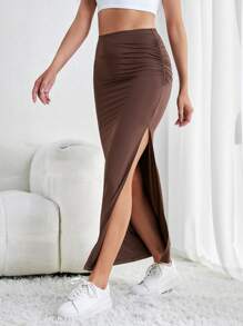 SHEIN Tall Solid Split Thigh Ruched Detail Skirt - Coffee Brown - View 1