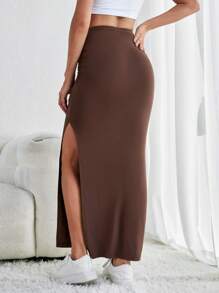 SHEIN Tall Solid Split Thigh Ruched Detail Skirt - Coffee Brown - View 2