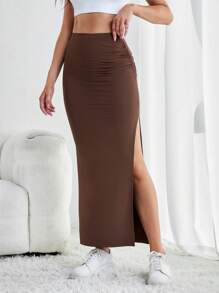 SHEIN Tall Solid Split Thigh Ruched Detail Skirt - Coffee Brown - View 3