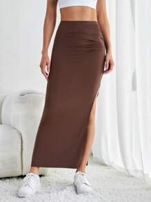 SHEIN Tall Solid Split Thigh Ruched Detail Skirt - Coffee Brown - View 4