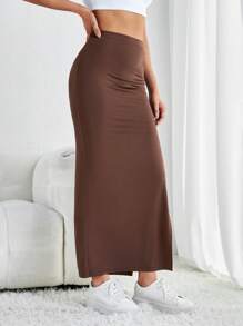 SHEIN Tall Solid Split Thigh Ruched Detail Skirt - Coffee Brown - View 6