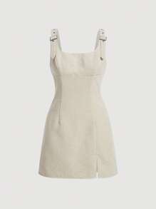 SHEIN MOD 扣飾肩膀背帶裙無襯衫 - 米色 - 查看 1