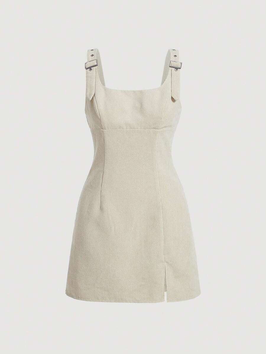 SHEIN MOD 扣飾肩膀背帶裙無襯衫 - 米色 - 查看 1