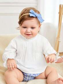 SHEIN 新生兒女孩可愛和舒服長袖上衣帶木耳邊領和百褶前 - 白色 - 查看 1